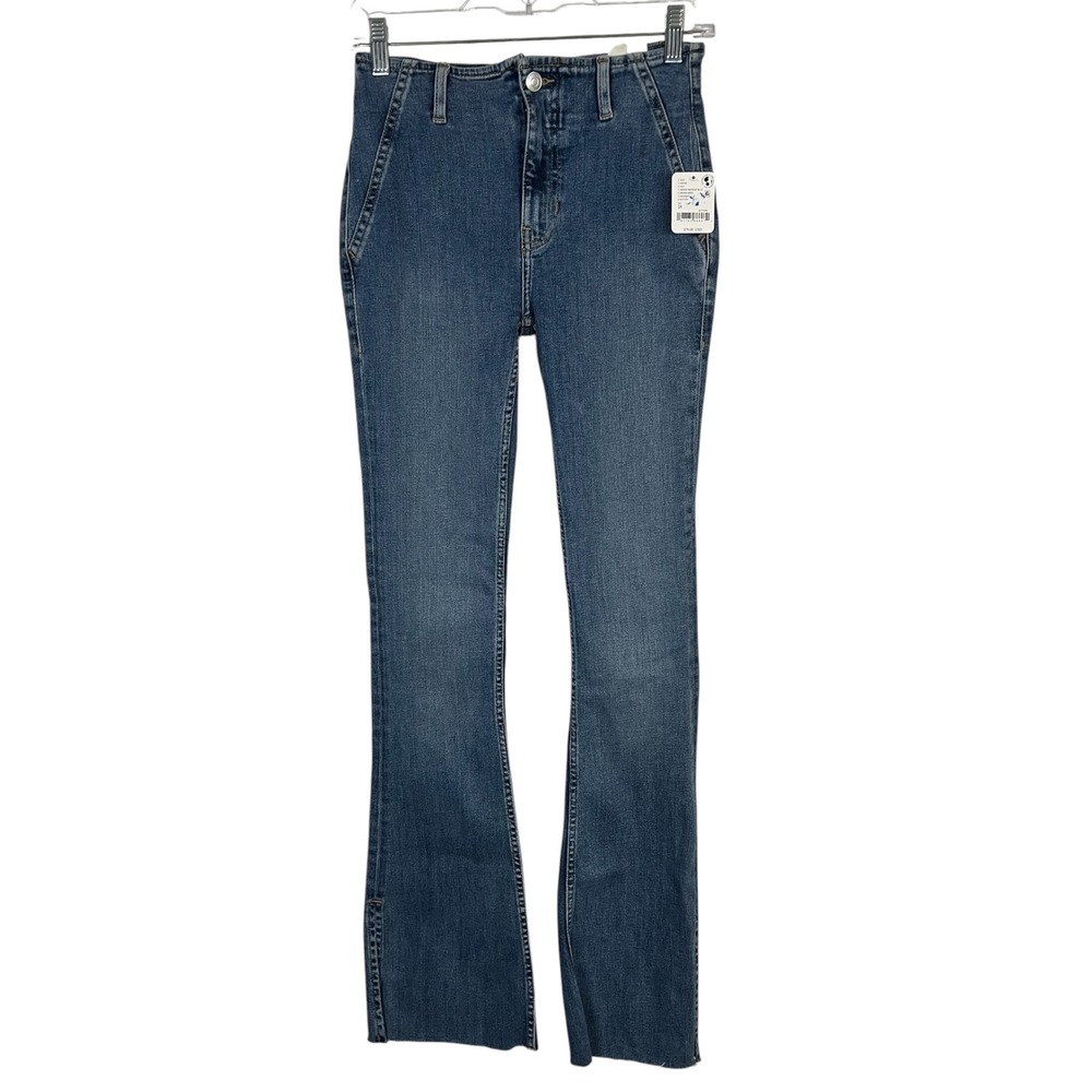 NWT- We The Free Level Up Slit Slim Flare Jeans - Medium Blue Raw Hem Size 26